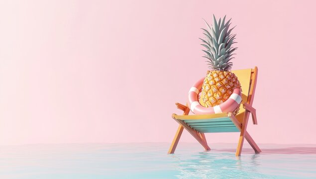 3D render of a pineapple sitting on a beach chair with a life preserver in the middle of blue water, against a pink background
