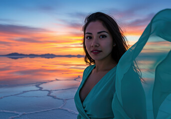 Young woman tourist posing in Sky mirror Salar de Uyuni lake in Bolivia. at dusk