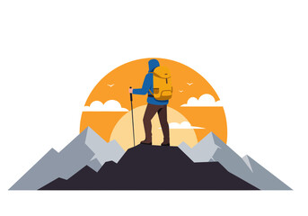 Hiker Reaching Mountain Summit at Sunset