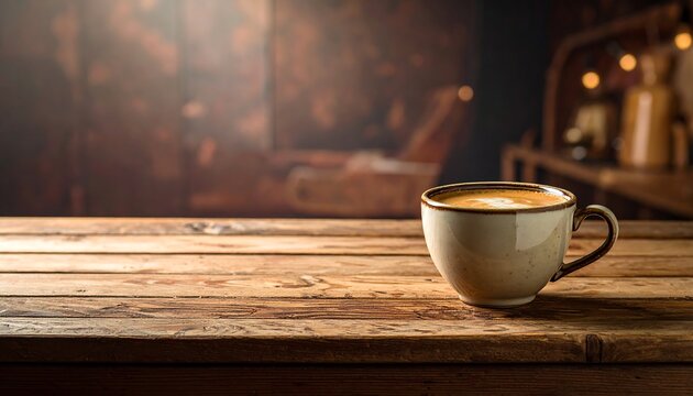 A warm cup of latte on a wooden table in a dimly lit cafe