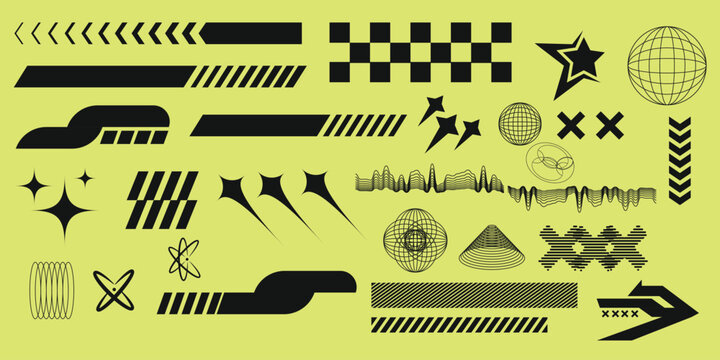 Retrofuturistic, y2k, rave trip elements set. Acid geometric shapes in y2k style. Psychodelik, vaporwave 80s, 90s elements. Y2k symbols Translation of Japanese inscriptions - cyberpunk, paradise