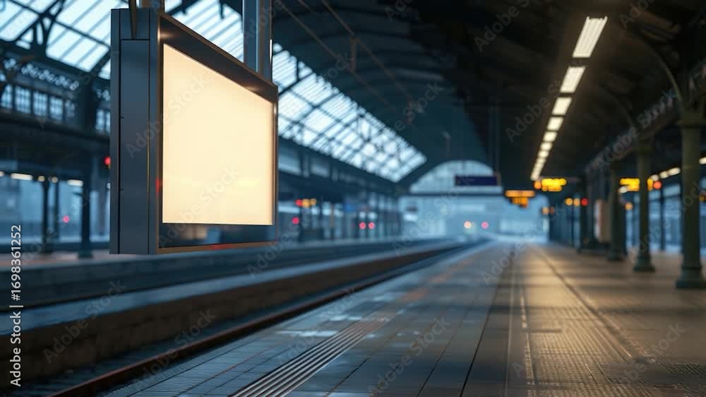Poster abandoned train station with a blank sign on the platform, available for use in various contexts