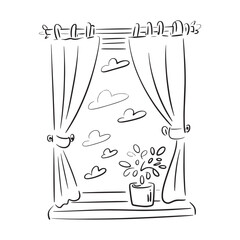 Whimsical Window Scene Black and White Drawing Clouds Curtains Potted Plant and Playful Charm in a Hand Drawn Style