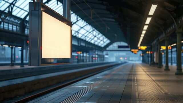 Abandoned train station with a blank sign on the platform, available for use in various contexts