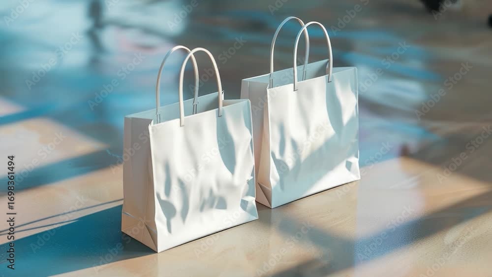 Poster two empty white shopping bags sit on a table with no context or background