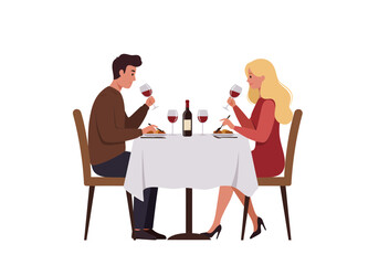 Couple enjoys romantic dinner date with wine and delicious food at elegant restaurant table