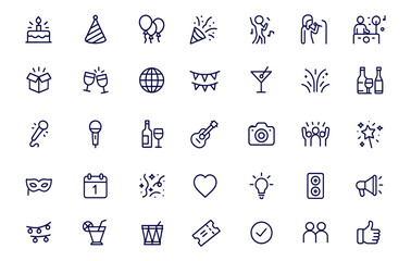 Party icons set for web, mobile app, and celebration events, line style illustration with birthday, music, dance, karaoke, DJ, balloons, champagne, disco, festival, entertainment, nightlife, fun