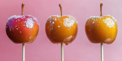 Three vibrant caramel apples on sticks- covered with a glossy- sugary coating and sprinkled with salt- capturing the essence of a delicious treat