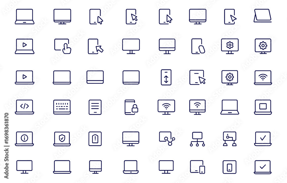 Poster laptop, notebook, and computer monitor vector icon set, blank screen display isolated on white backg