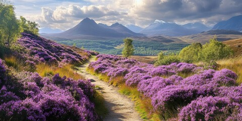 A scenic walking path lined with blooming purple heather- leading towards a distant mountain range under a partly cloudy sky.