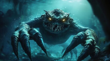 A menacing underwater creature with sharp claws and glowing eyes emerging from the depths in a dark- eerie aquatic environment.