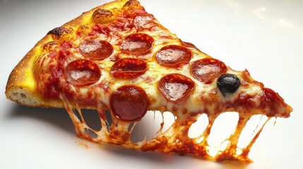 A close-up of a slice of pepperoni pizza with melted cheese stretching as the slice is pulled- emphasizing the delicious- hot- and cheesy appeal.