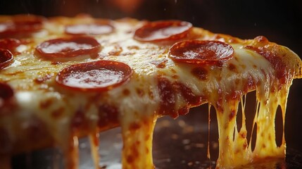 A close-up of a slice of pepperoni pizza with melted cheese stretching as the slice is pulled- emphasizing the delicious- hot- and cheesy appeal.