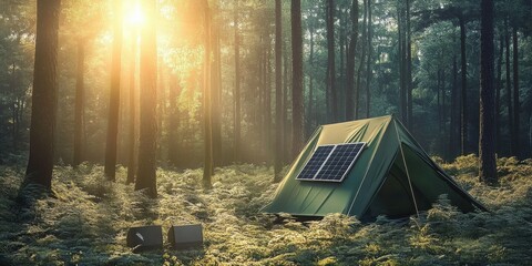 A green tent equipped with a solar panel set in a peaceful forest- with sunlight streaming through tall trees in the morning.