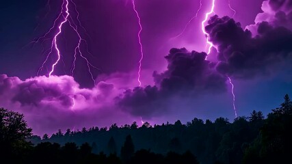Dramatic night thunderstorm with powerful purple lightning bolts illuminating dark storm clouds above silhouette forest tree line horizon - Powered by Adobe