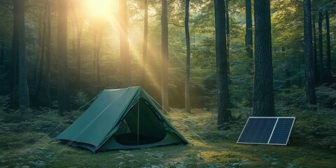 A green tent equipped with a solar panel set in a peaceful forest- with sunlight streaming through tall trees in the morning.