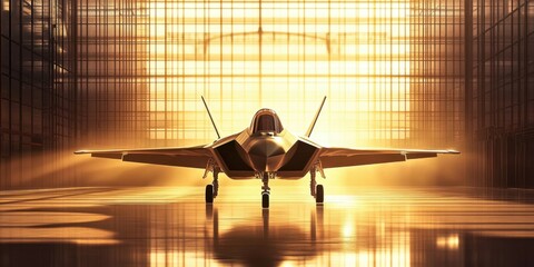 A sleek modern jet fighter inside a large hangar bathed in golden sunlight- ready for deployment or testing.