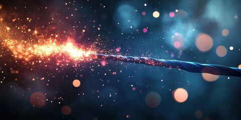 A magical wand emits glowing sparkles and particles in a blurred- dark background- evoking a sense of fantasy and wonder.