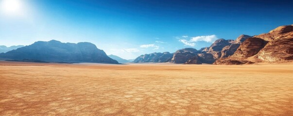 Panoramic view of a vast empty desert with mountain ranges under a clear blue sky- capturing the beauty of barren landscapes and natural wilderness.