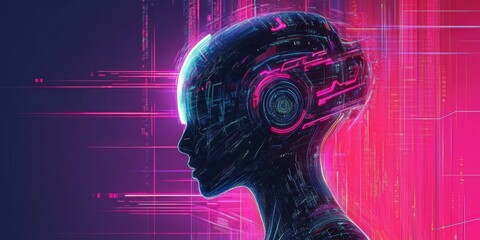 Futuristic neon poster featuring AI technology elements and cyber aesthetics in a vibrant- abstract composition.