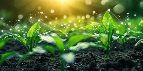 Green plants in a field connected with digital AI data lines- symbolizing the integration of AI in precision agriculture.