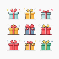 Colorful Cartoon Gift Box Set with Ribbons and Stars, Vector Illustration for Celebrations