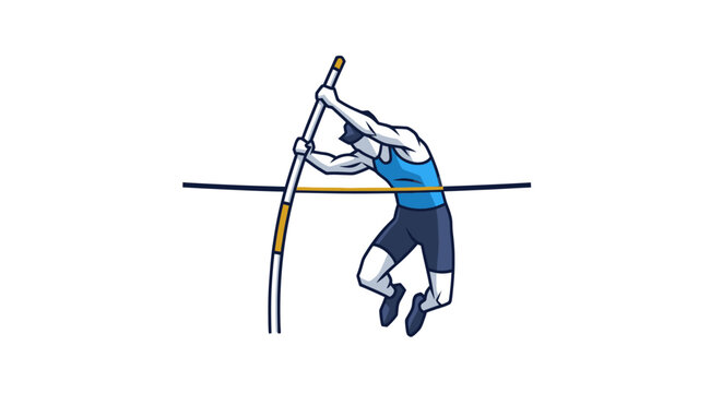 Dynamic illustration of a male athlete successfully clearing the bar in a pole vault competition.