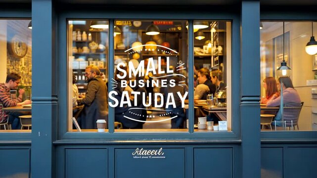 Small Business Saturday Storefront with Customers Dining Inside Cozy Urban Coffee Shop Window View