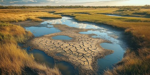 Aerial view of a dry wetland swamp with cracked soil and remaining water patches. Highlights environmental drought conditions.