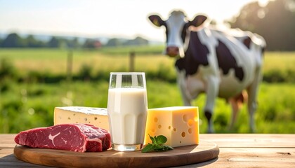 Fresh dairy products and red meat are displayed with a cow in a sunny pasture.
