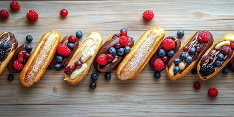 Assorted sweet eclairs topped with chocolate and berries on a rustic light wooden background. Perfect for dessert and bakery promotions.