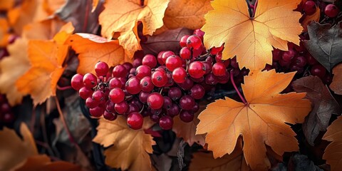Close-up of red berries on a vine- surrounded by vibrant orange autumn leaves. Captures the beauty of the fall harvest season.