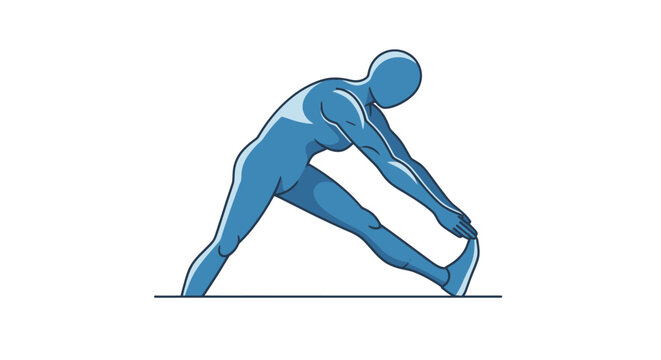 Stylized blue human figure performing a standing wide-legged hamstring stretch exercise.