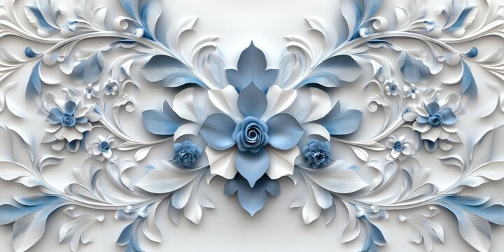 3D wallpaper with a white background, featuring a symmetrical pattern of navy blue and cream-colored flowers, leaves, and vines.