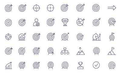 Target icon set, linear line style vector illustration, mission goal success, aim, arrow, crosshair, shooting, achievement, business strategy, focus, accuracy, bullseye, marketing plan, precision icon