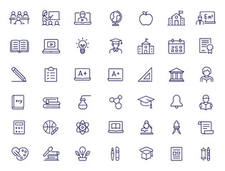 Education, school, learning linear icon set, vector illustration for classroom, students, teacher, online study, academic knowledge, university, college, diploma, curriculum, graduation