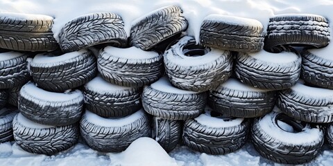 Pile of snow-covered winter tires stacked together- representing automotive care- cold weather conditions- and road safety
