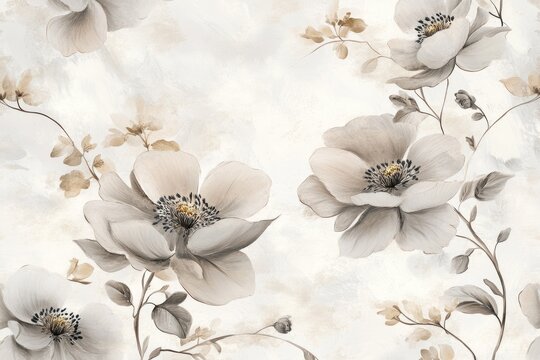 3D wallpaper with a white background, featuring a symmetrical pattern of navy blue and cream-colored flowers, leaves, and vines.