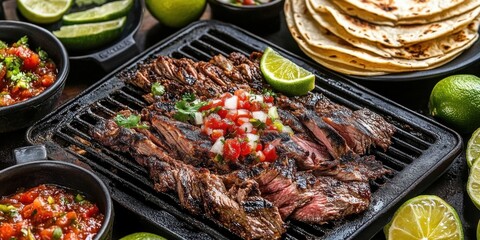 A mouth-watering carne asada dish being grilled- surrounded by traditional Mexican ingredients like lime- salsa- and tortillas on the side.