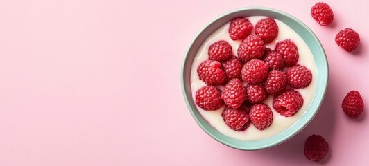 A bowl of creamy yogurt topped with fresh raspberries- placed on a pastel pink background. A healthy- vibrant breakfast or snack option.