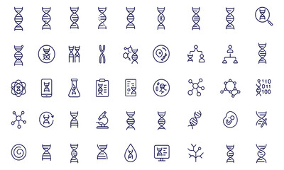 DNA molecule icon set, genetics chromosome helix vector illustration, biology genome science research symbols, genetic material lab, biotechnology chemistry, human cell structure, bioinformatics