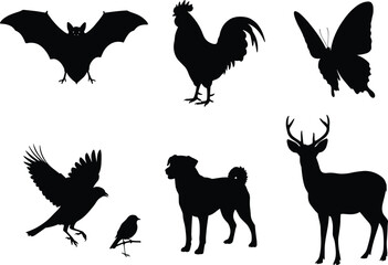 Silhouettes of various animals including bat, rooster, butterfly, birds, dog, and deer, nature wildlife collection vector illustration design.