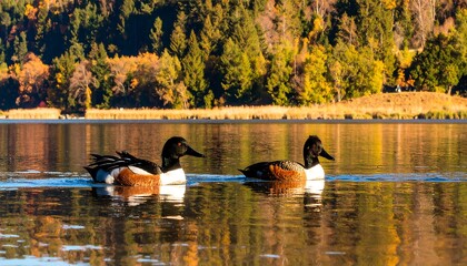 Two ducks on a calm lake, autumn foliage