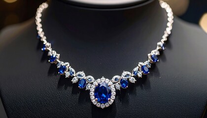 Elegant Necklace Displaying Blue Gemstones and Sparkling Diamonnd in Close-Up