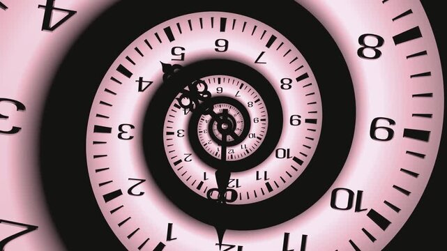 Infinite Spiral Clock Droste Effect Time Distortion Pink Black Numbers Analog Watch Hands Recursion Surrealism Visual Illusion Optical Art