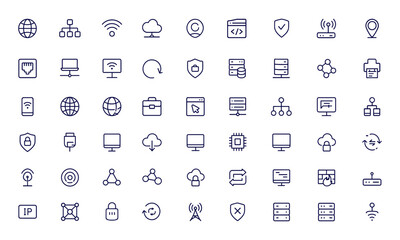 Network web icon set, linear outline, editable stroke, wireless communication, internet, IT, router, signal, cloud, server, data, digital, computer, telecom, security, vector illustration