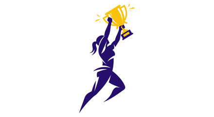 Silhouette of a Female Athlete Holding a Golden Trophy Overhead in Victory.