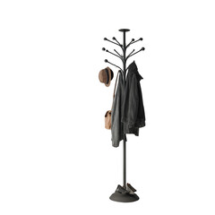 Freestanding coat stand with rotating arms for hanging accessories in a spacious entry hall [Transparent Background PNG].