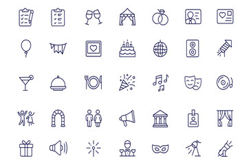 Event planning, wedding management, celebration organisation, entertainment and catering icons set for invitations, conference, party, holiday, festival, business, vector illustration