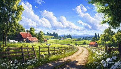 A beautiful farm with green fields, cows, and white flowers in the distance, wooden fences, red-roofed houses, a blue sky with white clouds, and trees on both sides of the road, in a cartoon style